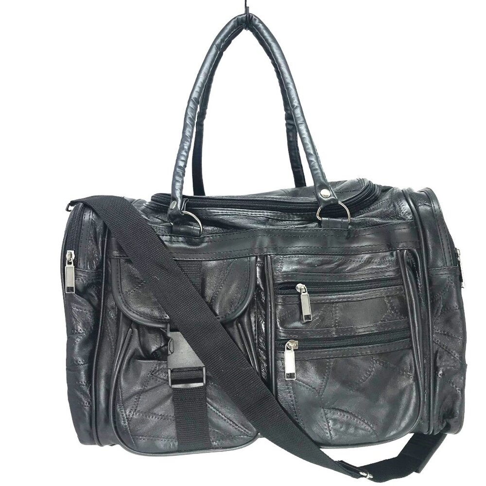 Black Leather Duffle Bag Compartments Plastic Lined Gym Travel
